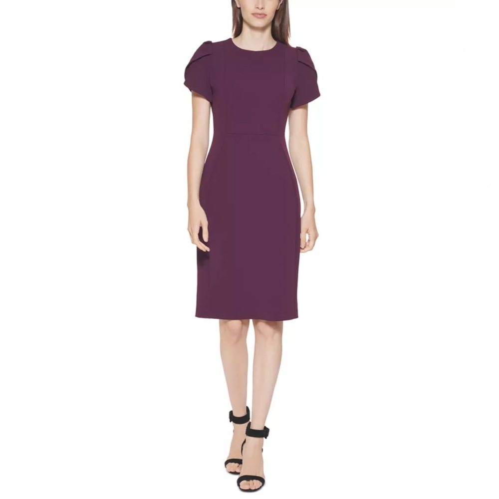 Calvin Klein Women’s Tulip-Sleeve Scuba-Crepe Sheath Dress Back Zip Midi Sz 8 - Picture 9 of 9